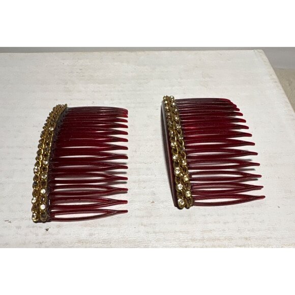 Vintage Mid Century Hair Combs Gold & Rhinestone Detail Accents Elegant Pair - Picture 3 of 9